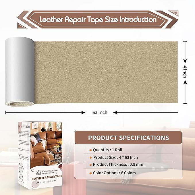 KING MOUNTAIN Leather Repair Patch,4 x 63 Inches self Adhesive Leather Repair Tape for Damaged Leather Furniture, Sofa Seating,Car Seats, Leather Goods（Medium Beige）