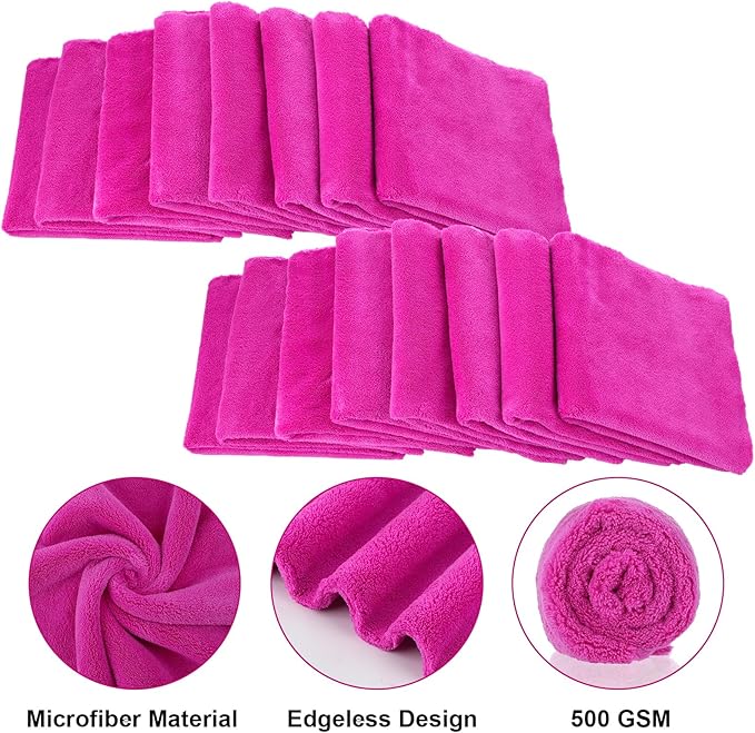 Shimeyao 30 Pcs 16 x 16 Inch Edgeless Microfiber Plush Towels for Cars Detailing Drying Wash Polishing Absorbent Cleaning Cloths, 500 GSM (16 x 16 Inch, Fuchsia, 30 Pcs)