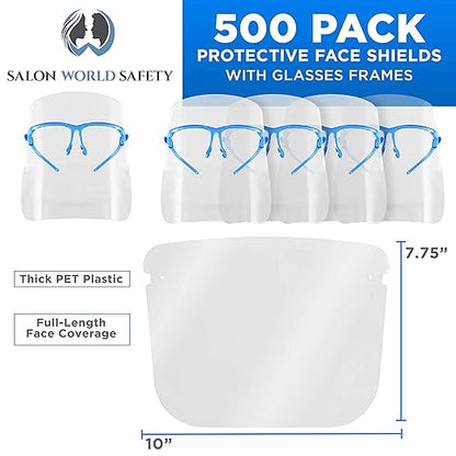 TCP Global Salon World Safety Face Shields with Blue Glasses Frames (Case of 500) - Ultra Clear Protective Full Face Shields to Protect Eyes, Nose, Mouth - Anti-Fog PET Plastic, Goggles