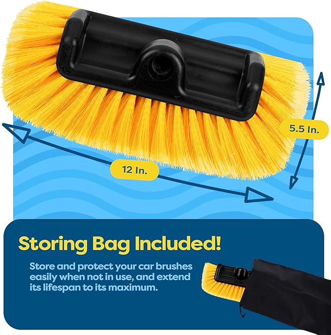SCRUBIT 12" Car Wash Brush with Soft Bristles for Car Truck Boat Deck & House Cleaning, Exterior Washing Brush Connects with Pole & Hose Storage Bag Included (Yellow)