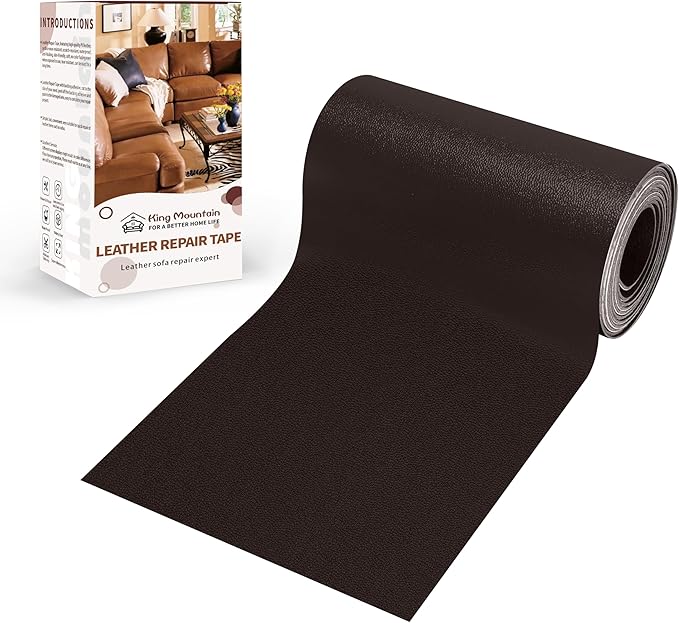 KING MOUNTAIN Leather Repair Patch,4 x 63 Inches self Adhesive Leather Repair Tape for Damaged Leather Furniture, Sofa Seating,Car Seats, Leather Goods（Fine Grained Dark Brown）