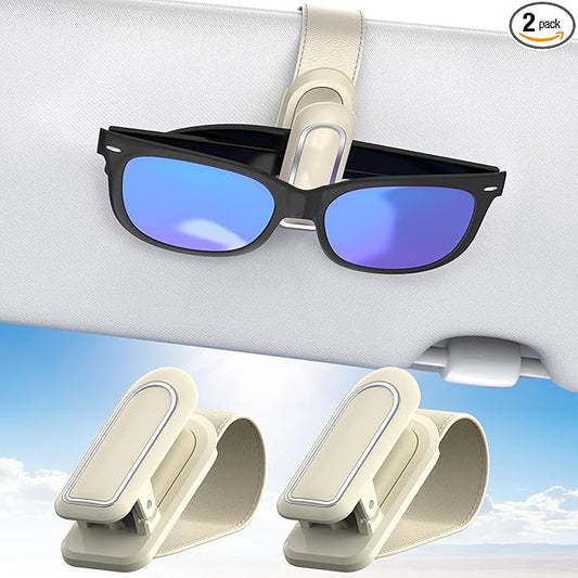 Veharvim Sunglass Holder for Car (One-Handed-Operation, Gentle & Secure Hold, Silicone Padded, Universal Fit, Metal Clip) Visor Sunglass Holder Clip,Visor Sunglass Holder Car (Beige, 2 Pack)