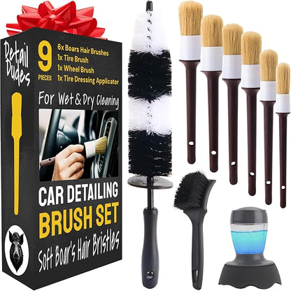 Boar Hair Detailing Brush Set - 9-Pack - Includes Wheel, Tire Brush & Tire Dressing Applicator - Soft Boar Hair Bristles - Scratch-Free Car Wash - Crevice Tools for Vents & Emblems