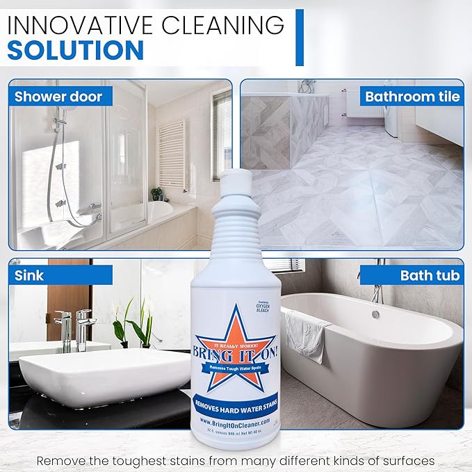 Bring It On Cleaner Water Spot Polishing Kit | For Shower Glass and Windows | Tile and Grout Polishing | Included Drill Scrub Brush, Microfiber, 8 ounces Water Spot Remover