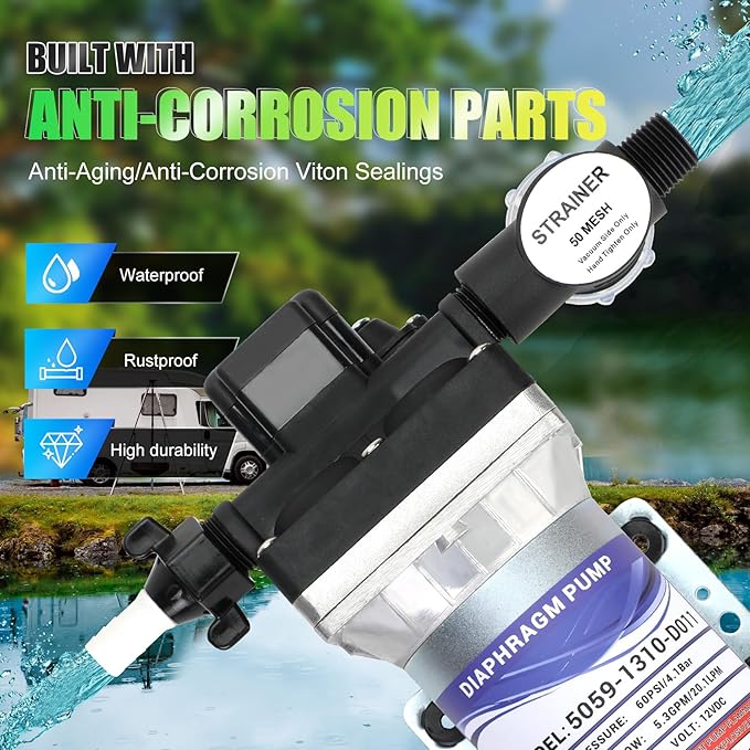 5059-1310-D011 5.3 GPM Automatic Demand 12VDC Diaphragm Pump with 60 PSI Built-In Pressure Switch, Viton valves, Self-Priming & 1/2" NPTF Port
