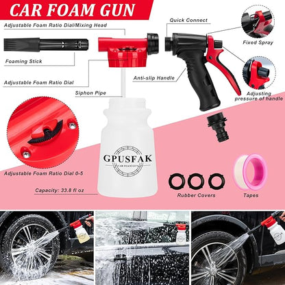 GPUSFAK 42Pcs Car Wash Cleaning Kit with Foam Gun Sprayer Detailing Brushes Car Vacuum Windshield Cleaning Tool Tire Brush Towels Complete Interior Exterior Detailing Set for Car