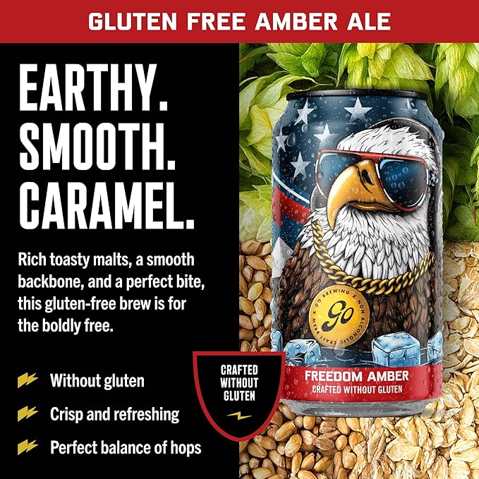 Go Brewing - Freedom Amber - Gluten-Free Non-Alcoholic Craft Beer - Small Batch, Low-Calorie Brew - Earthy, Caramel, and Corn Flavor Profile - Smooth Finish - Ideal for Any Occasion (12 Oz, 12 Cans)