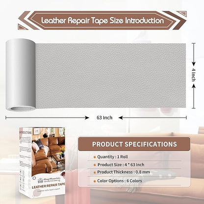 KING MOUNTAIN Leather Repair Patch,4 x 63 Inches self Adhesive Leather Repair Tape for Damaged Leather Furniture, Sofa Seating,Car Seats, Leather Goods(Light Grey)