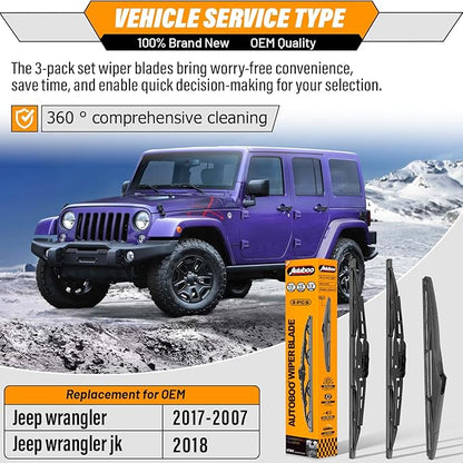 AUTOBOO 15 +15+13 Windshield Wiper Blades Replacement for Jeep Wrangler 2007-2017 -Original Factory Quality (Pack of 3)