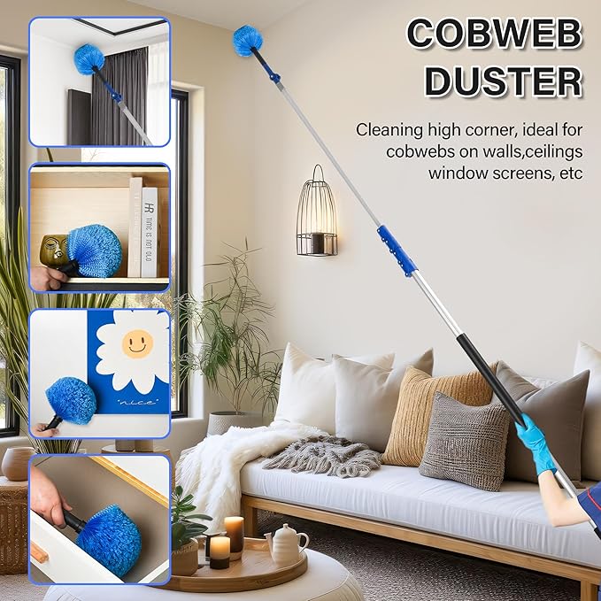 High Reach Cleaning Kit with 12FT Telescoping Pole - Ceiling Fan & Microfiber Feather Dusters, Cobweb Brush, Window Squeegee & Washer