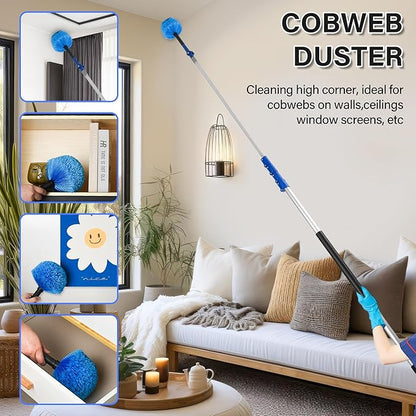 High Reach Cleaning Kit with 12FT Telescoping Pole - Ceiling Fan & Microfiber Feather Dusters, Cobweb Brush, Window Squeegee & Washer