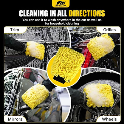 MIKKUPPA Car Wash Mitt Microfiber - Double-Sided Chenille Scratch Free Mitt with Waterproof Inner for Car Washing Home Cleaning (Yellow, 2Pack, 10'' x 7'')