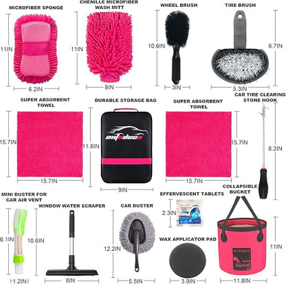 AUTODECO 22Pcs Car Wash Cleaning Tools Kit Car Detailing Set with Canvas Bag Pink Collapsible Bucket Wash Mitt Sponge Towels Tire Brush Window Scraper Duster Complete Interior Car Care Kit