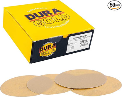 Dura-Gold Premium 240 Grit 6" Gold Sandpaper Discs, No Hole Pattern Dustless, Box of 50, Hook & Loop Backing for DA Sander, Finishing Coarse Sanding Abrasive Automotive Paint, Woodworking Wood, Metal