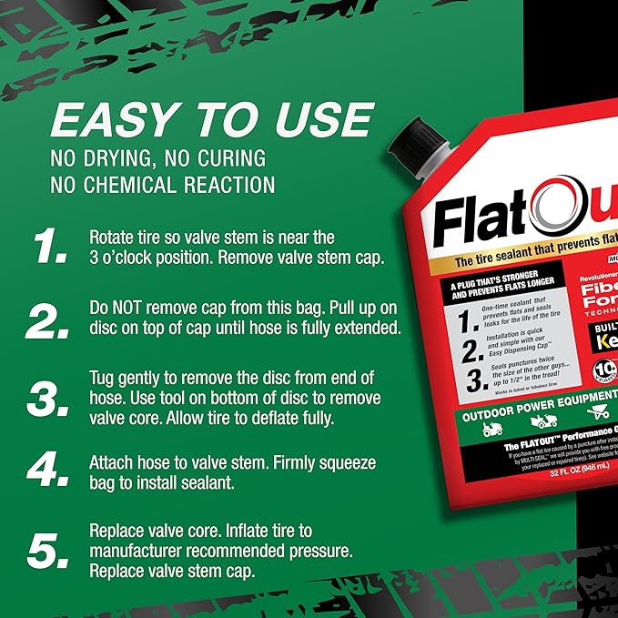 Flat Out Off Road Tire Sealant, Outdoor Power Equipment Formula, Prevents Flat Tires, Fix a Flat Tire, Seals Leaks, Contains Kevlar, 32 Ounce Bag, 4-Pack