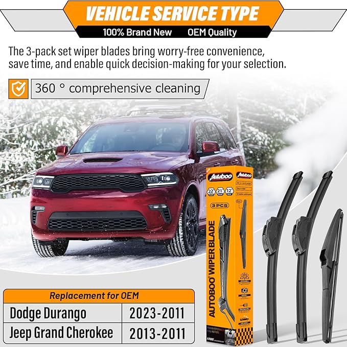 AUTOBOO 22"+21" Windshield Wipers with 12" Rear Wiper Blade Replacement for Dodge Durango 2011 2012 2013 2014 2015 2016 2017 2018 2019-2023, Jeep Grand Cherokee-Original Factory Quality (Pack of 3)
