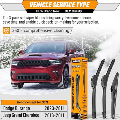 AUTOBOO 22"+21" Windshield Wipers with 12" Rear Wiper Blade Replacement for Dodge Durango 2011 2012 2013 2014 2015 2016 2017 2018 2019-2023, Jeep Grand Cherokee-Original Factory Quality (Pack of 3)