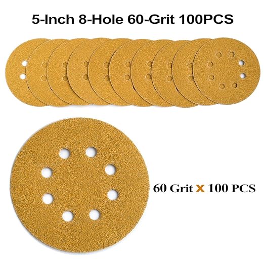 Aiyard 5-Inch 8-Hole Hook and Loop Sanding Discs 60-Grit Random Orbit Sandpaper, 100-Pack