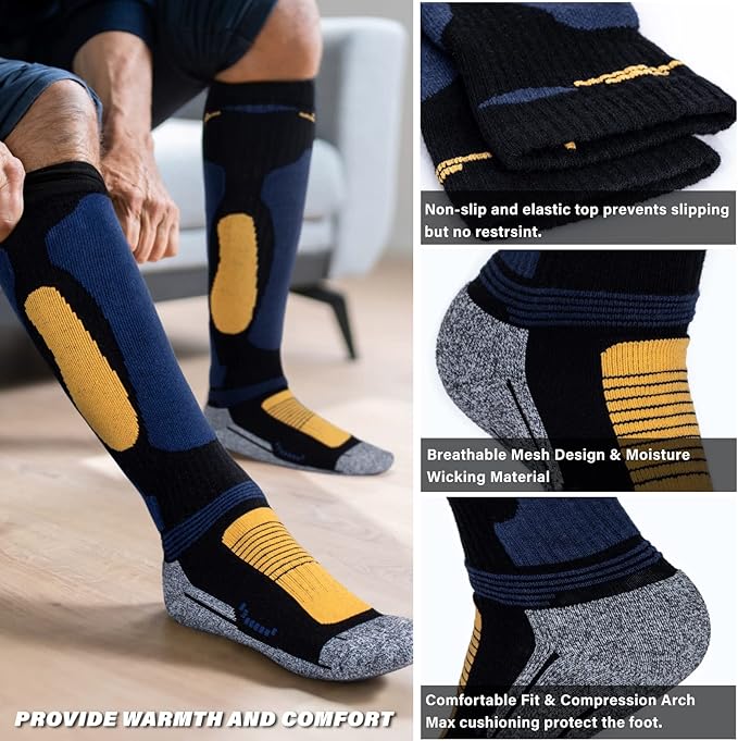 Merino Wool Ski Socks 2 Pairs for Mens Womens Knee High Thermal Snowboarding Socks for Cold Weather