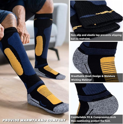 Merino Wool Ski Socks 2 Pairs for Mens Womens Knee High Thermal Snowboarding Socks for Cold Weather