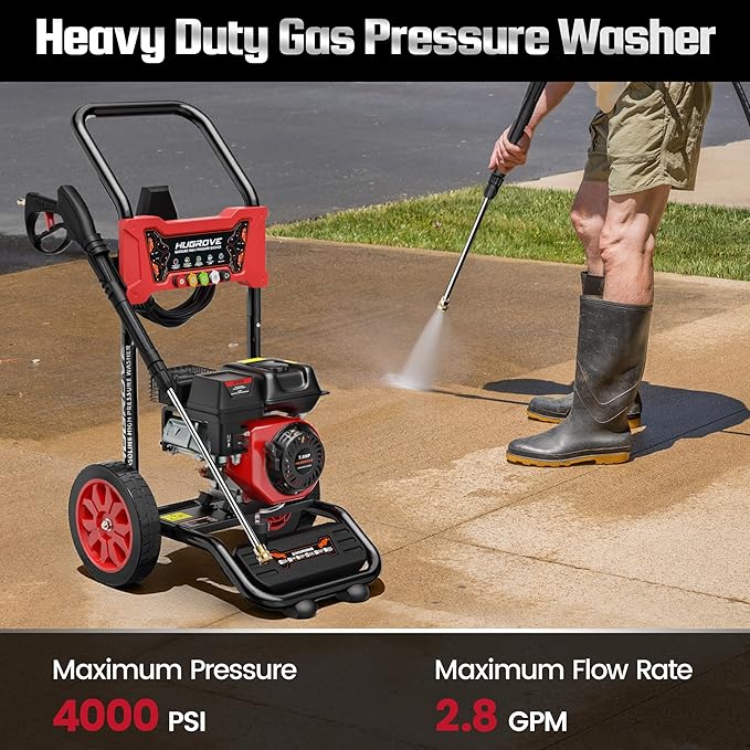 HURGOVE Gas Pressure Washer for Home Use, 4000 PSI Power Washer with 210CC Engine, 26FT Hose & 5 Nozzles for Driveways, Cars, Patios & Fences