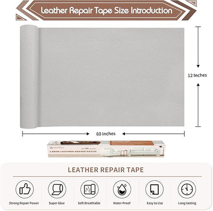 KING MOUNTAIN Leather Repair Patch,12 x 60 Inches self Adhesive Leather Repair Tape for Damaged Leather Furniture, Sofa Seating,Car Seats, Leather Goods（Light Grey）