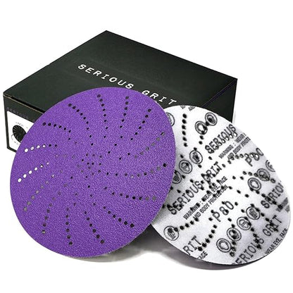 Serious Grit 6-Inch 80 Grit Ceramic Multi-Hole Hook & Loop Sanding Discs - Advanced Grain for Fast Cutting & Long Life - Film-Backed Universal Fit Sandpaper for 6-in Sanders - 50 Pack Box