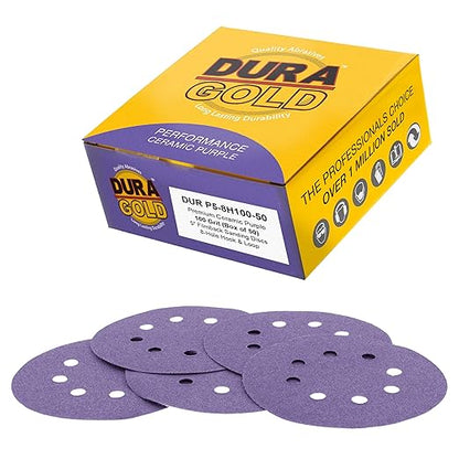 Dura-Gold Premium 100 Grit 5" Purple Film Ceramic Sanding Discs, 8-Hole Pattern, Box of 50 - Dustless Hook & Loop Backing Sandpaper for DA & Random Orbital Sanders - Sand Auto Paint, Wood, Woodworking