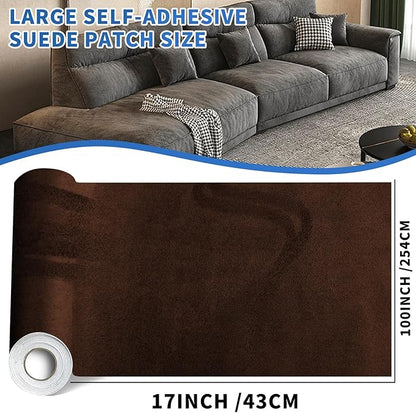 Suede Repair Patch,17x100inch Large Faux Suede Leather Fabric，Self-Adhesive Fabric Patches for Furniture, Couch, Sofa, Car Interior, Shoes, Hand Bag, Jewelry Boxes ﻿ (Dark Brown,)