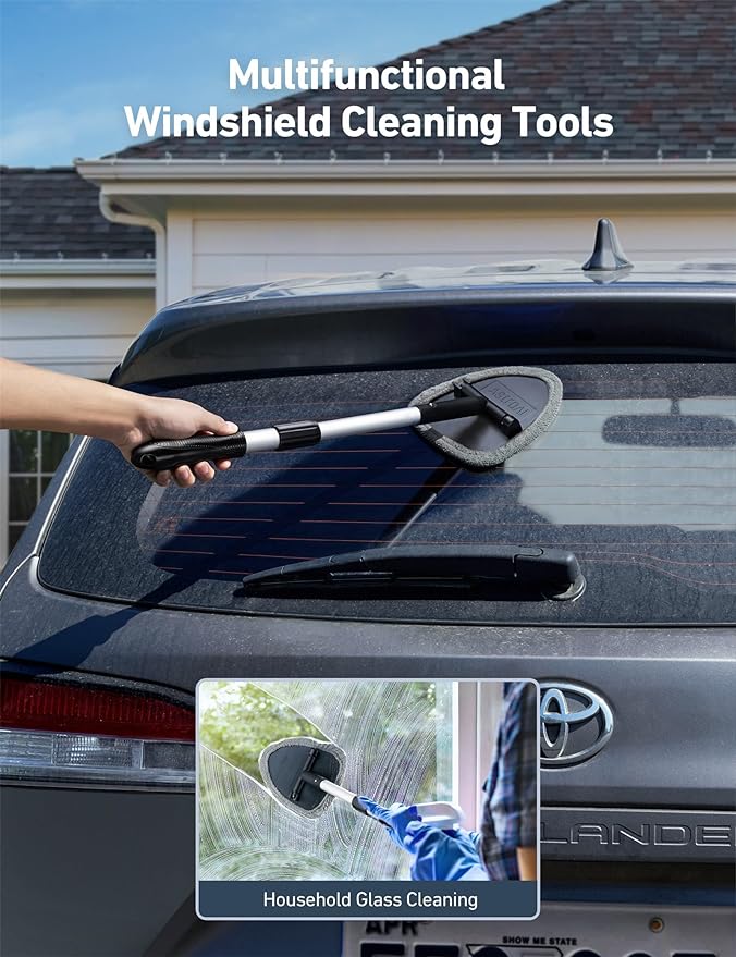 AstroAI Windshield Cleaning Tool, Car Window Cleaner Windshield Cleaner with 8 Reusable and Washable Microfiber Pads and Extendable Handle Auto Inside Glass Wiper Kit, Gray, 2 Pack