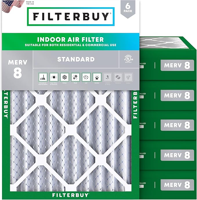 Filterbuy 21.5x26x4 Air Filter MERV 8 Essential Dust & Allergy Defense (6-Pack), Electrostatic Pleated HVAC AC Furnace Filters Replacement, Made in USA (Actual Size: 21.50 x 26.00 x 3.63)
