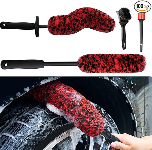 DEKADONS 4PCS Wheel Brush Kit for Cleaning Wheel and Tire, Wheel and Rim Brush, Car Detailing Brushes, 360 Degree Bendable & Durable Car Wheel Rim Cleaner Brush Set (Red)