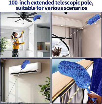 Cobweb Duster with Extension Pole, Washable Cleaning Duster Set with 2 Duster Heads, Spider Web Brush with Pole,high Ceiling Duster with Extension Pole,Cleaning Supplies,Ceiling Fan Cleaner