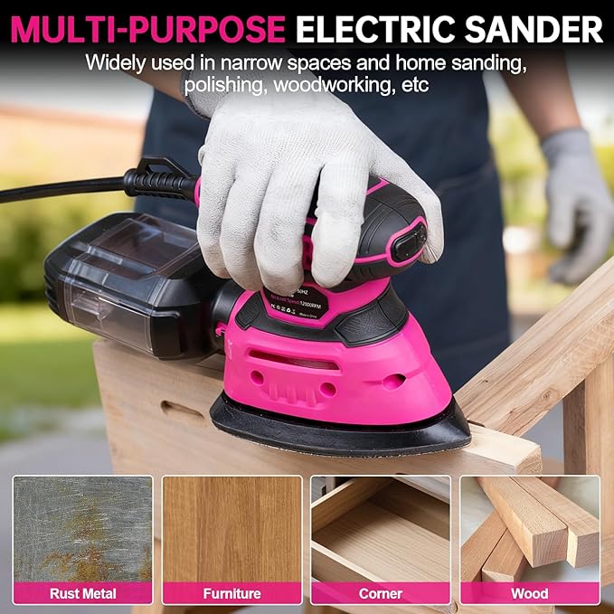 THINKLEARN Detail Sander - 13000 OPM Compact Electric Sander Tool, 1.2A Mouse Sanders with 15Pcs Sandpapers and Dust Box, Handheld Sanding Machine for Woodworking, Furniture and Small Projects
