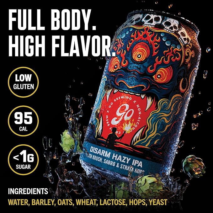 Go Brewing Disarm Hazy IPA Non-Alcoholic Craft Beer, 12 Oz – Low-Calorie, Full-Bodied Hazy Craft Brew with Zesty Citrus and Tropical Fruit Notes – Non-Alcoholic Beer for Any Occasion