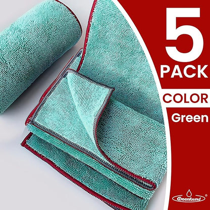 Greenfound Microfiber Cleaning Cloth 5 Pack, 15" x 15" Microfiber Towels for Cars, Lint Free Cloth for House, Kitchen and Window, Green
