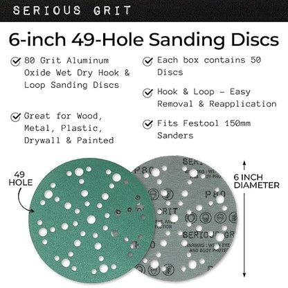 Serious Grit - 6-Inch 49-Hole 80 Grit Sanding Discs - Heavy-Duty Hook & Loop Film Discs - Sandpaper for Random Orbital Sanders - 50 Pack Box