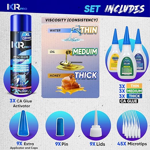 CA Glue with Activator Kit (9x1.75 oz. Thin-Medium-Thick + 3x16.9 fl.oz.) Cyanoacrylate Glue and Activator, Super Glue Accelerator, Super Glue for Wood, Woodworking, Plastic, Guitar, 3D Printing