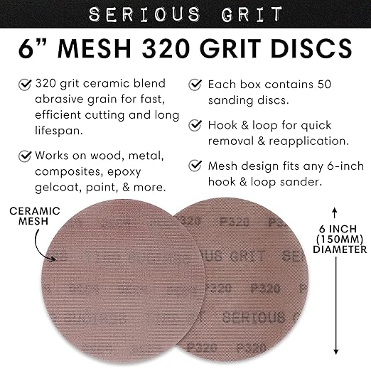 Serious Grit - 6-Inch 320 Grit Ceramic Mesh Sanding Discs - Hook & Loop Dust-Free Net Abrasive for Wood, Drywall, Paint, Auto Body - Long Life Ceramic Grain - Universal Fit 125mm Sandpaper - 50 Pack