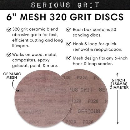 Serious Grit - 6-Inch 320 Grit Ceramic Mesh Sanding Discs - Hook & Loop Dust-Free Net Abrasive for Wood, Drywall, Paint, Auto Body - Long Life Ceramic Grain - Universal Fit 125mm Sandpaper - 50 Pack
