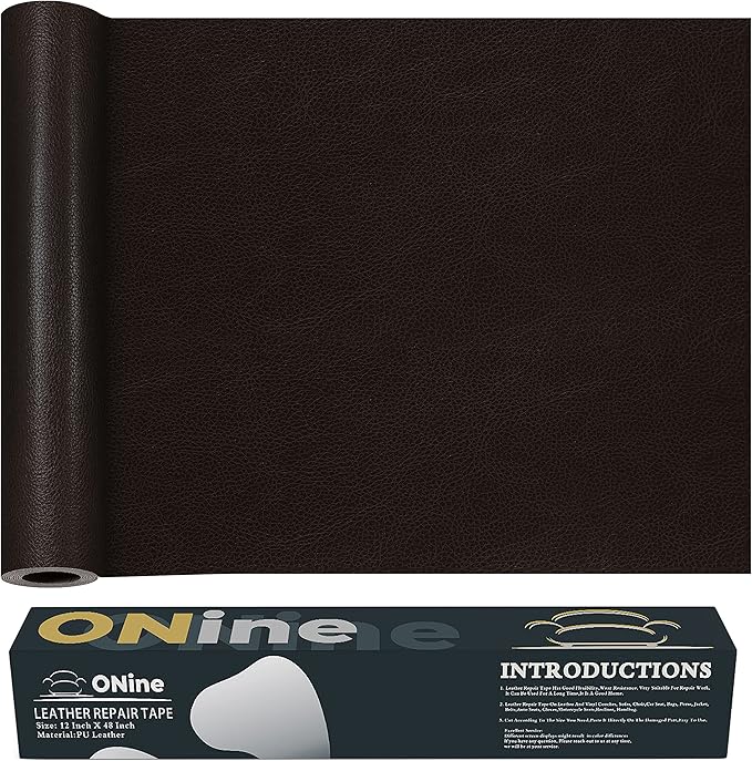 ONine Leather Repair Patch，Leather Repair Tape, 12 x 48 inches Leather Repair Patch for Furniture,Vinyl Repair Kit，Leather Couch Patch，for Sofas, Furniture, Car Seats, Office Chairs (Black Brown)
