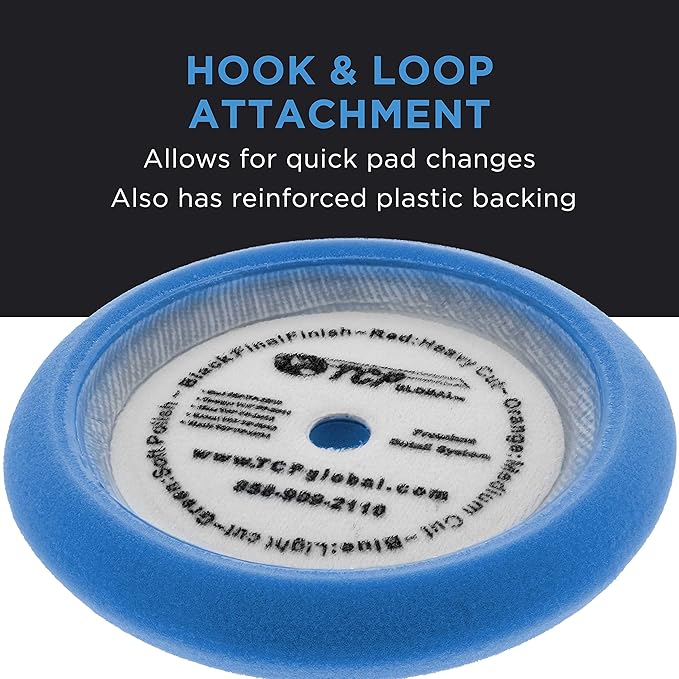 TCP Global 8" Blue Foam Buffing Pad Light Cut Polish Hook and Loop Backing - Buffing Pad for Automotive, Marine, Truck, RV & Compound Cutting