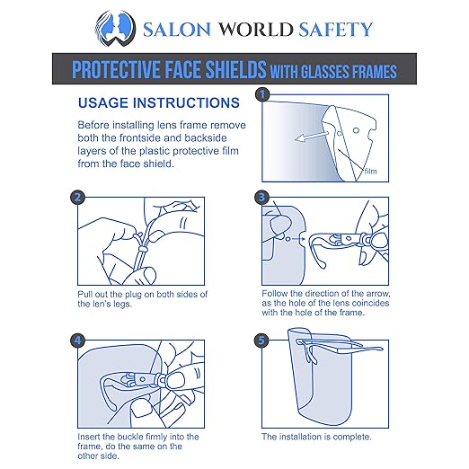 TCP Global Salon World Safety Face Shields with Blue Glasses Frames (Case of 200) - Ultra Clear Protective Full Face Shields to Protect Eyes, Nose, Mouth - Anti-Fog PET Plastic, Goggles