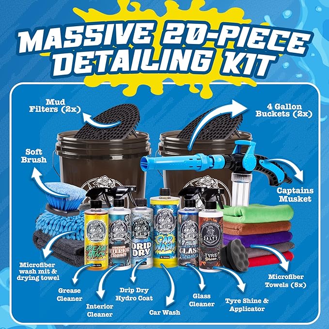 Salty Captain Mega 20-Piece DIY Car Cleaning Kit – All-in-One Car Detailing Kit with 2X Buckets, Towels, Brushes & 6X Cleaning Fluids – Captain’s Musket Foam Gun for Garden Hose – Premium Quality