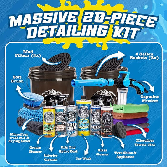 Salty Captain Mega 20-Piece DIY Car Cleaning Kit – All-in-One Car Detailing Kit with 2X Buckets, Towels, Brushes & 6X Cleaning Fluids – Captain’s Musket Foam Gun for Garden Hose – Premium Quality