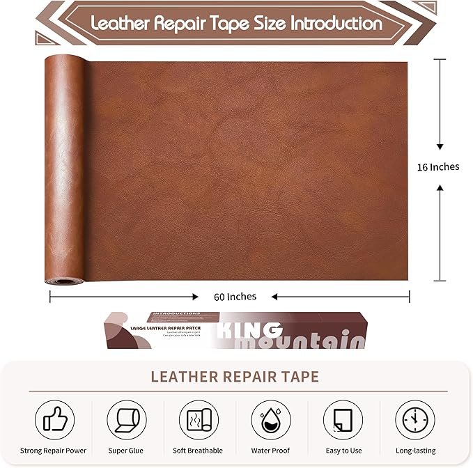 KING MOUNTAIN Leather Repair Patch,16 x 60 Inches self Adhesive Leather Repair Tape for Damaged Leather Furniture, Sofa Seating,Car Seats, Leather Goods（Classic Brown）