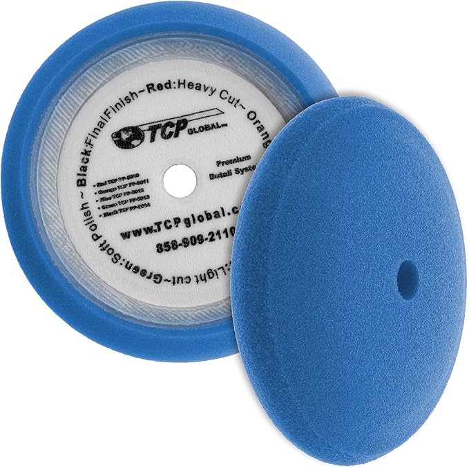 TCP Global 8" Blue Foam Buffing Pad Light Cut Polish Hook and Loop Backing - Buffing Pad for Automotive, Marine, Truck, RV & Compound Cutting