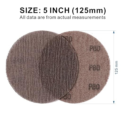 80GRIT 50pcs 5-Inch Mesh Abrasive Sanding Discs Hook & Loop Sandpaper, Dust Free Anti-Blocking Net Sandpaper Sheets for Auto Body, Wood, Drywall, Metal