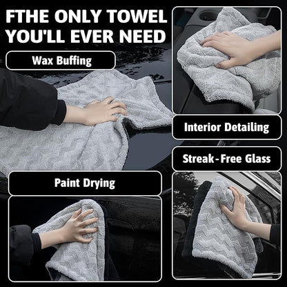 Greenfound Microfiber Towel for Cars, 1000GSM Car Drying Towel, Double Twist Pile & Edgeless Design, No Streaks, Scratches, or Water Spots, Soft and Absorbent, 18"×24", Wave Silver&Grey