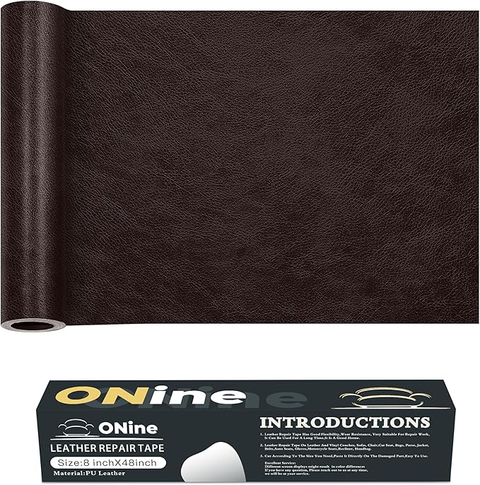 ONine Leather Repair Patch，Leather Repair Tape, 8 x 48 inches Leather Repair Patch for Furniture,Vinyl Repair kit，Leather Couch Patch，for Sofas, Furniture, car Seats(Dark Brown)